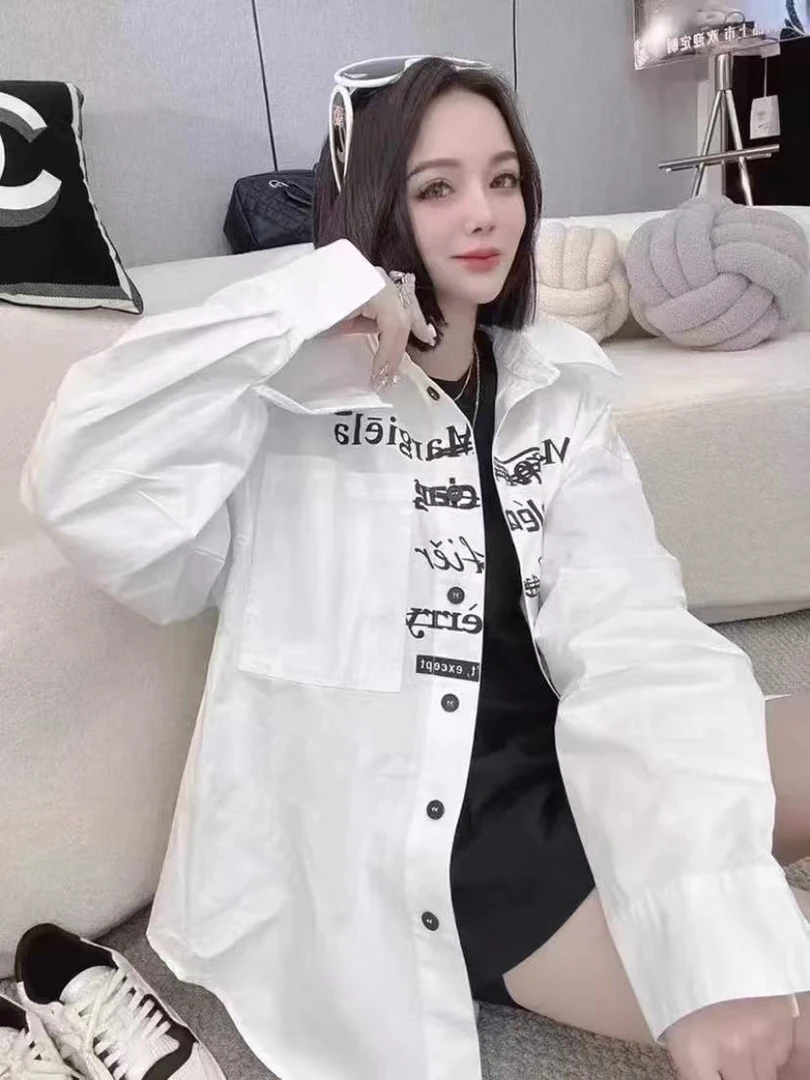 美式街头衬衫女早春季新款字母印花翻领长袖衬衣宽松休闲上衣国潮