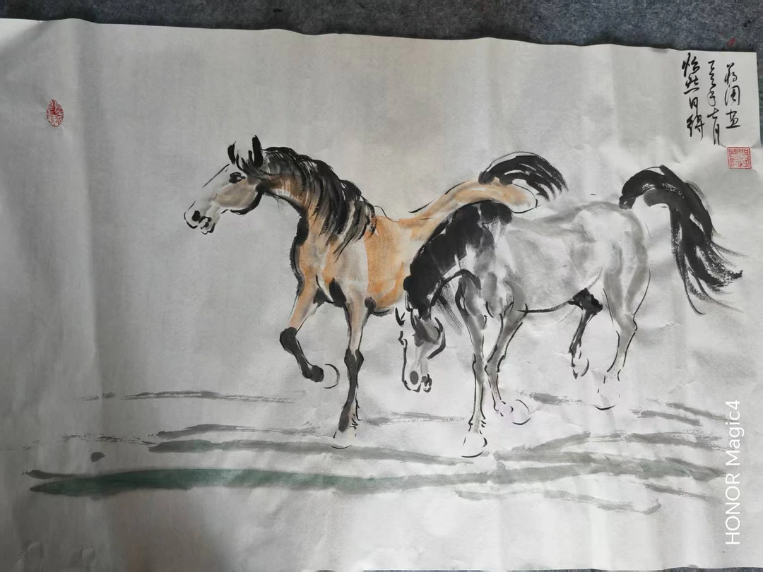 《马到成功》双骏图横幅书画挂画适合家庭办公客厅装饰