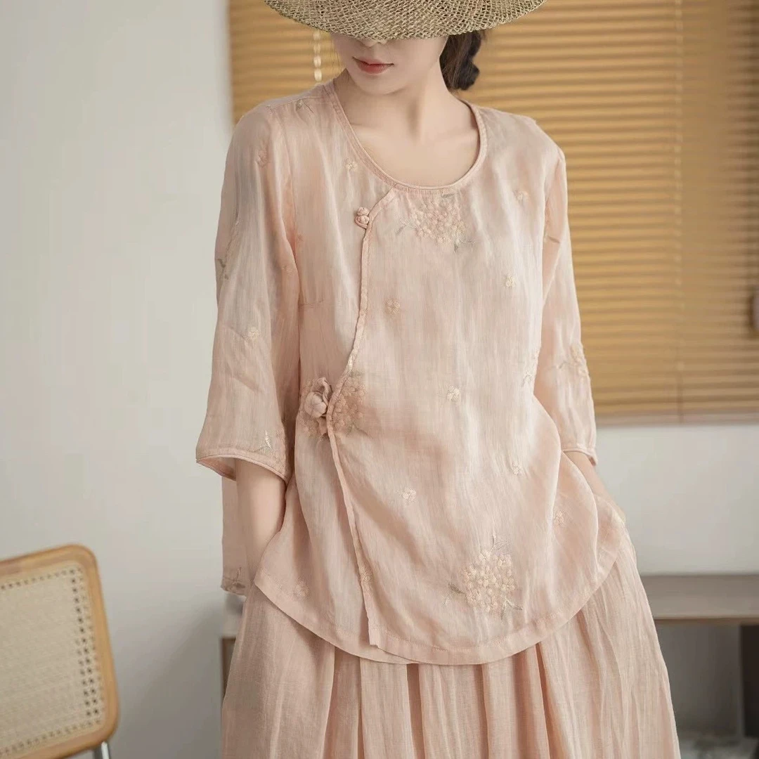 100%苎麻衬衫刺绣古风中国风经典苎麻女装新中式夏季禅意麻料上衣