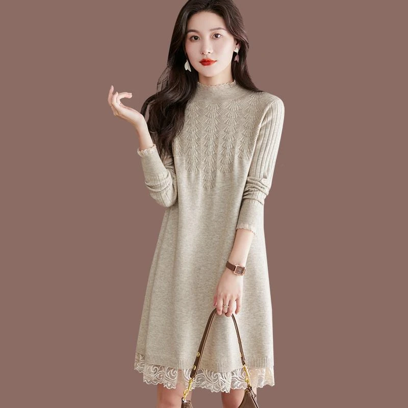 秋冬新款内搭显瘦蕾丝针织洋装女羊毛打底衫中长版毛衣裙衫