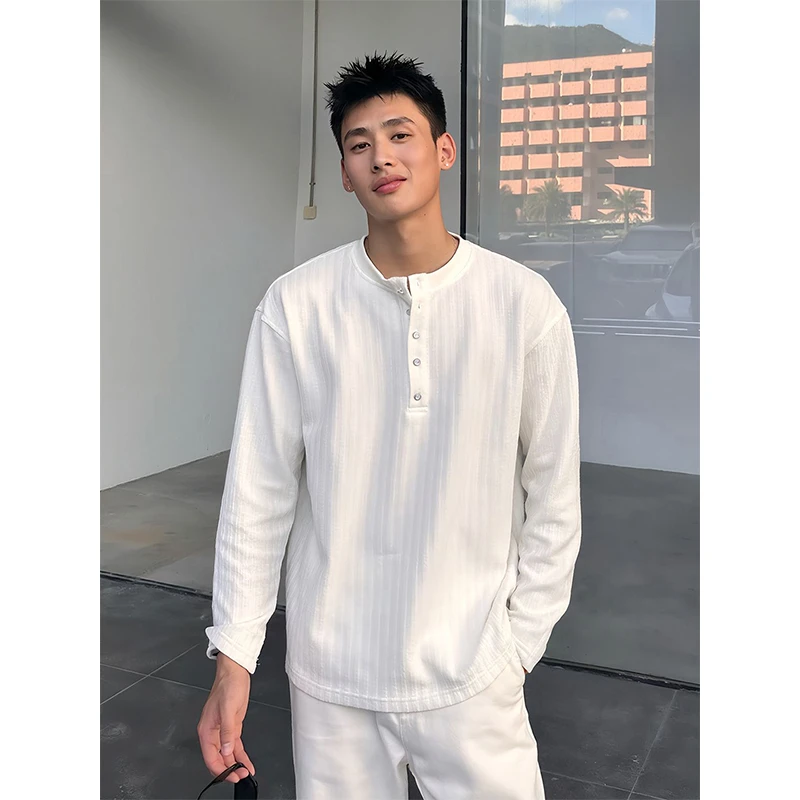 白色亨利领长袖T恤男款秋季内搭打底衫美式潮牌痞帅肌理感卫衣