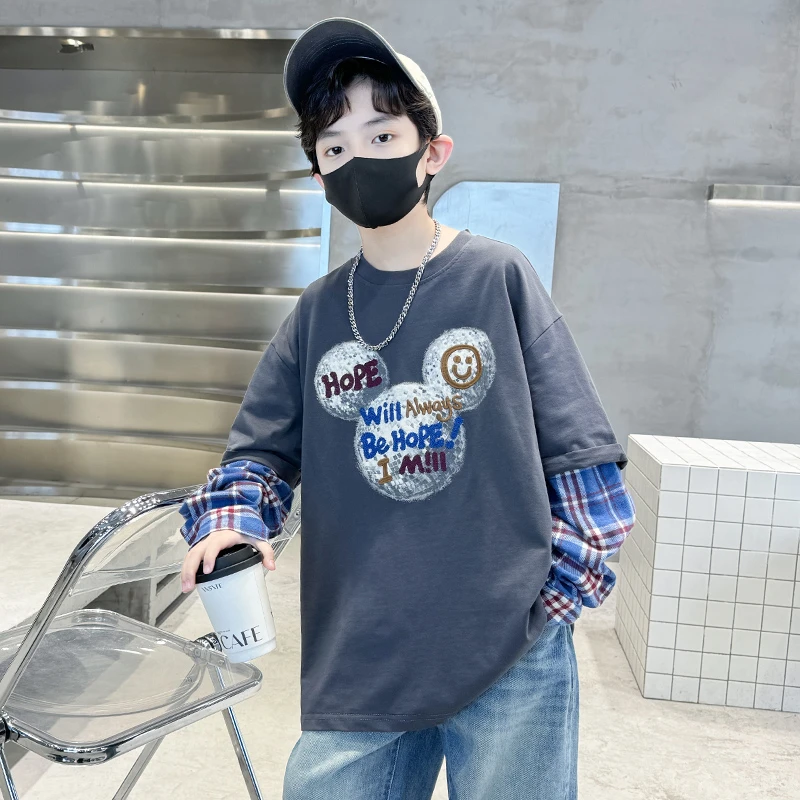 儿童装男童秋装长袖T恤春秋款2025新款大童男孩秋季假两件上衣潮t