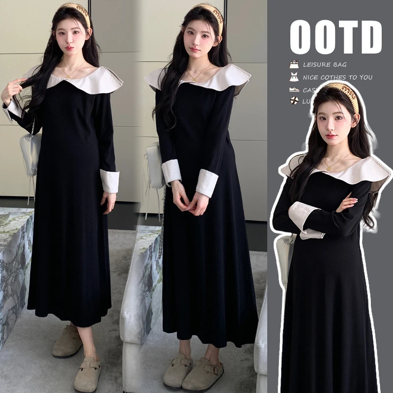 孕妇装2025秋季新款韩系时尚赫本风气质优雅荷叶领撞色拼接连衣裙