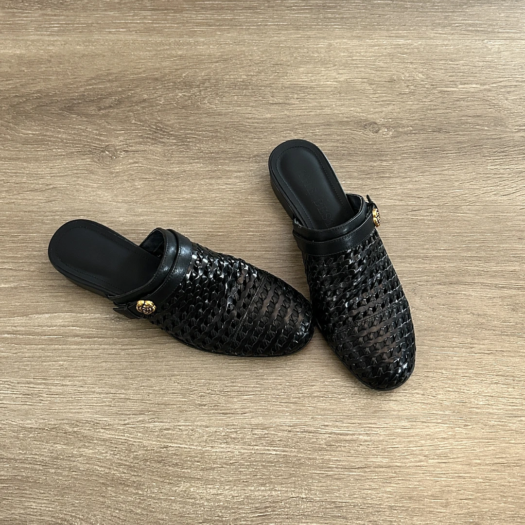 Dannyfrey气质山茶花夏季编织半拖一脚蹬低跟外穿舒适包头拖鞋