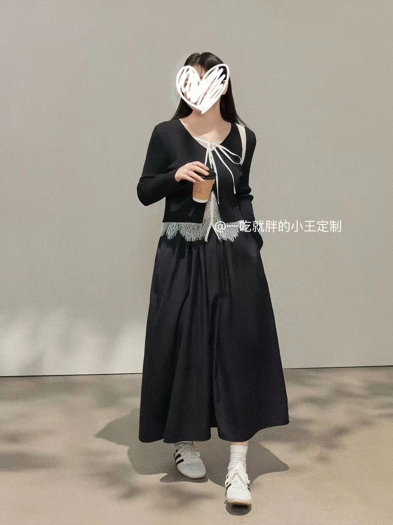 【小王家】黑色气质长袖上衣半身裙复古裙子拼接蕾丝时尚套装