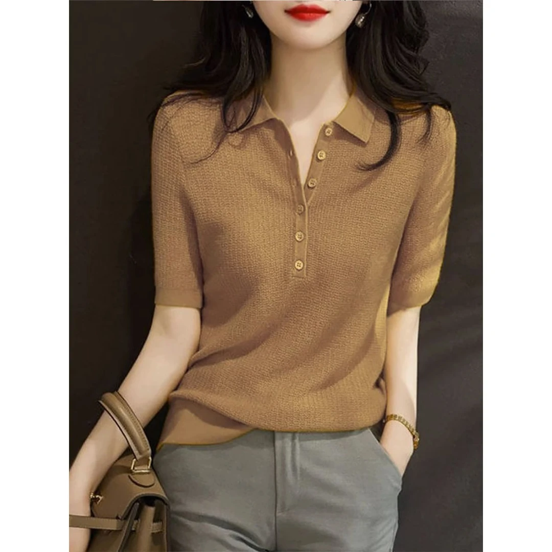 2025年夏季新款女装纽扣POLO领五分袖针织衫上衣气质百搭打底上衣
