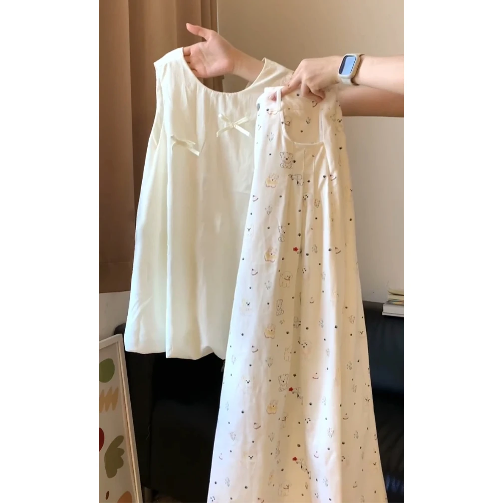 韩系立体蝴蝶结无袖背心上衣小狗满印牛仔裤套装女夏日搭配两件套