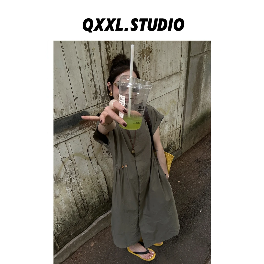 邱小小丽呀 夏款复古长款衬衫连衣裙 宽松显瘦立领薄款无袖长裙女