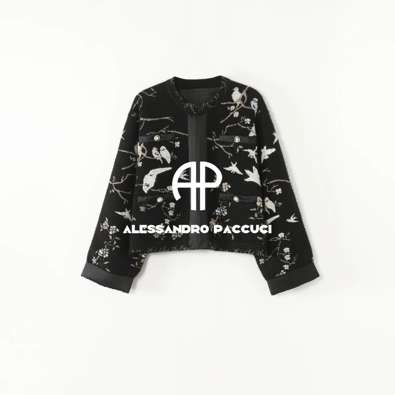 AP洛哥53187SK【花枝掠影】黑标/山羊绒+桑蚕丝刺绣圆领国风短开衫