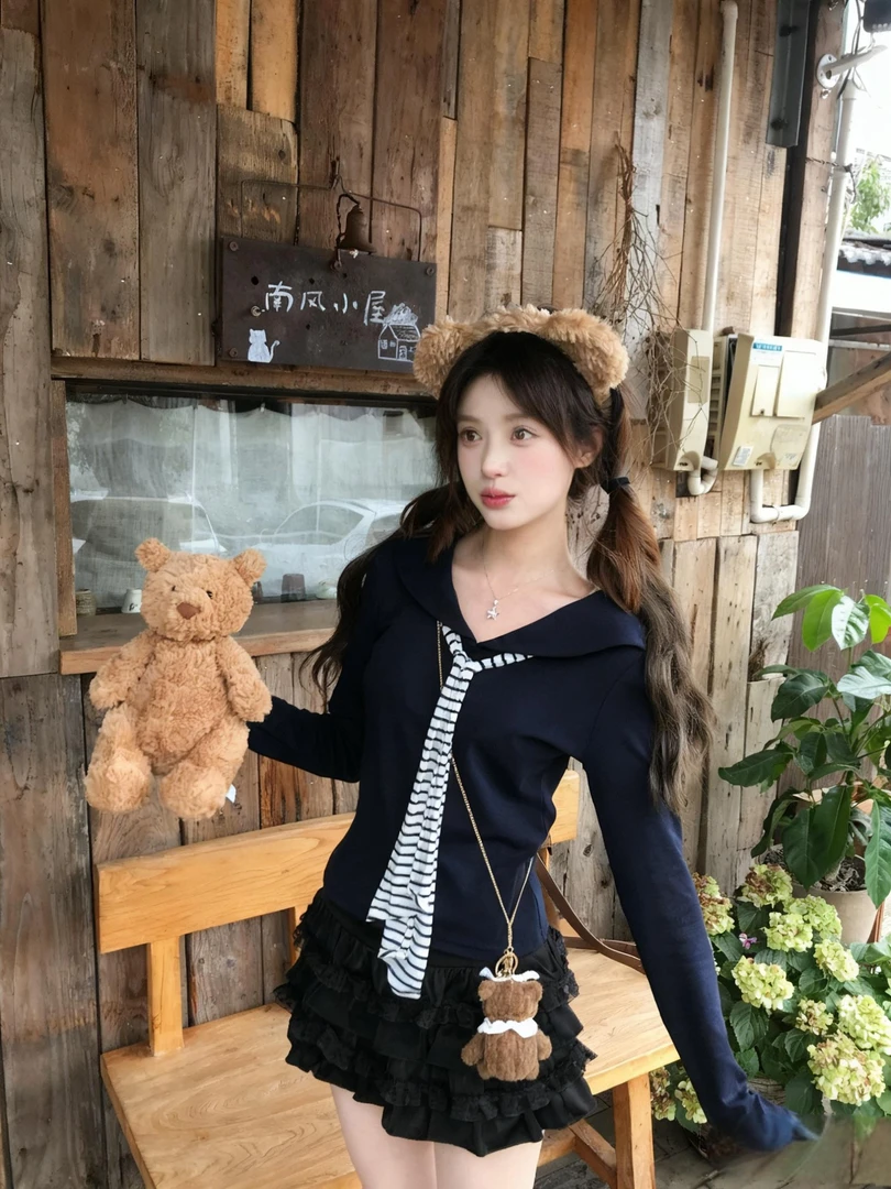 【现货+运补4-6】学院风条纹海军领飘带长袖T恤女甜美减龄假两件