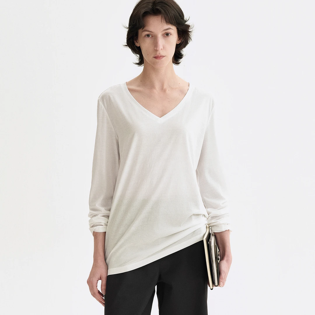 白弓BAIGONG/2025新款经典V领微宽松基础款纯棉长袖T恤36680X