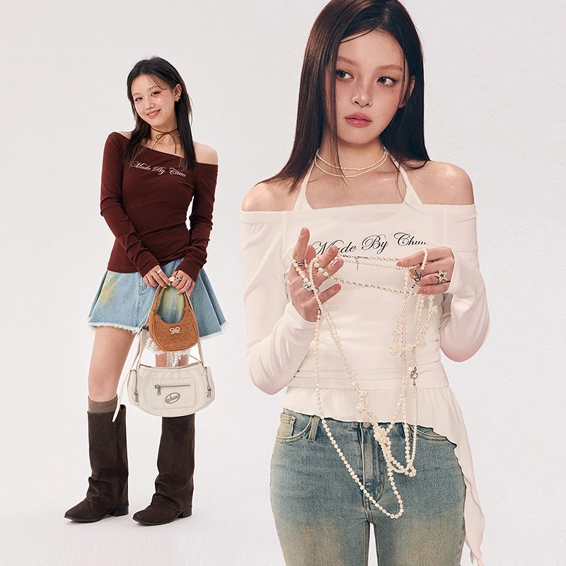 【9】CHUU字母 印花设计一字肩露肩修身款韩系穿搭T恤FHAC001G