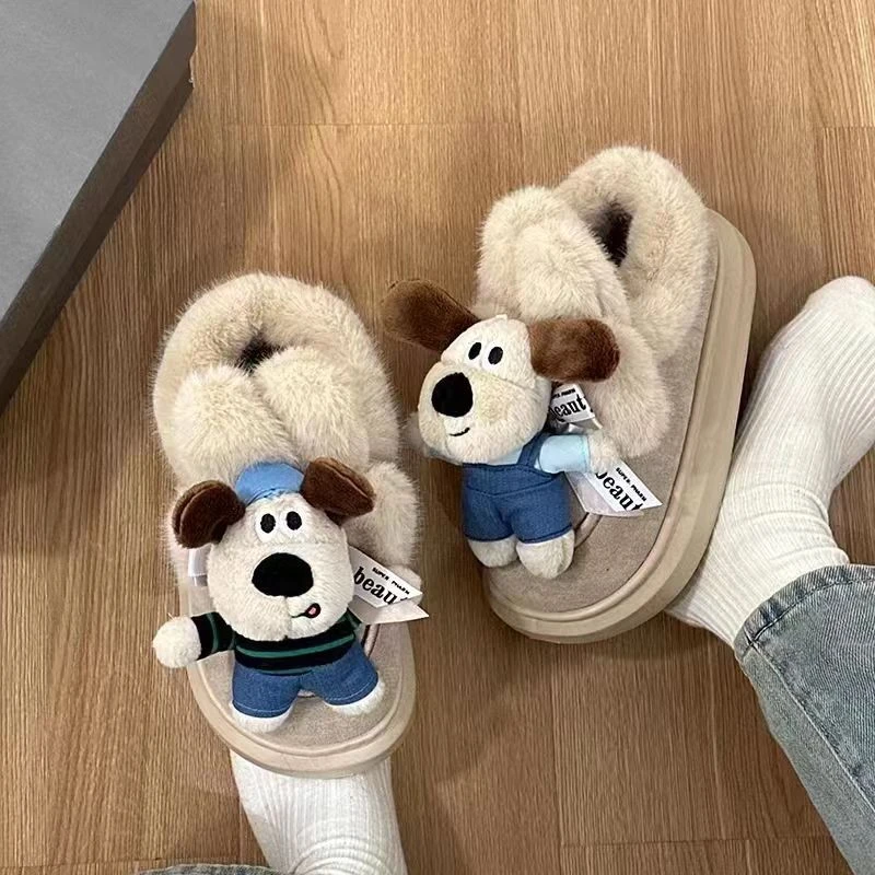 掌门狗毛毛鞋厚底女生加绒棉靴卡通雪地靴女士冬季加厚棉鞋外穿