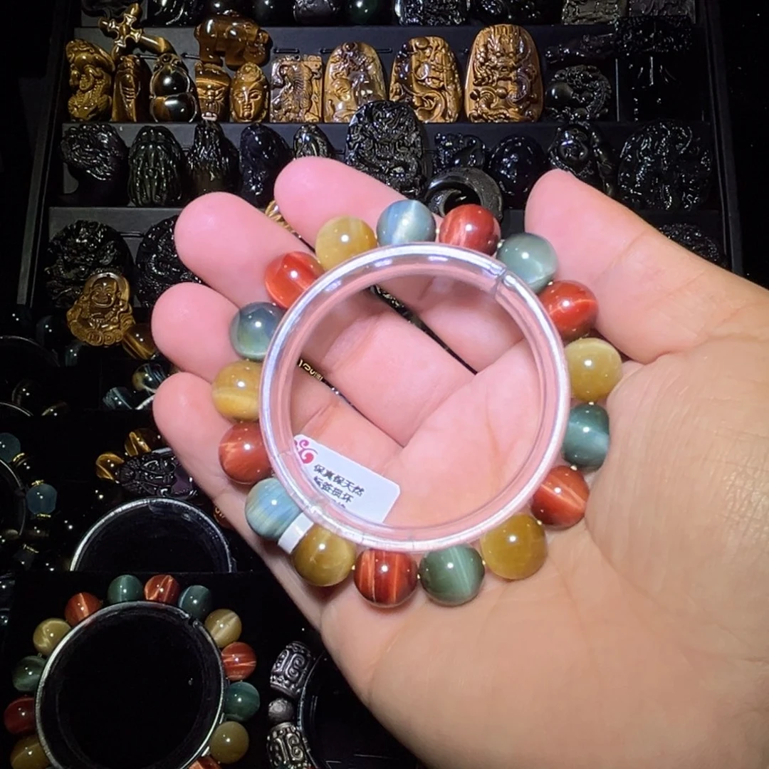 未镶嵌黑曜岩手串人**尘虎眼石多宝12mm