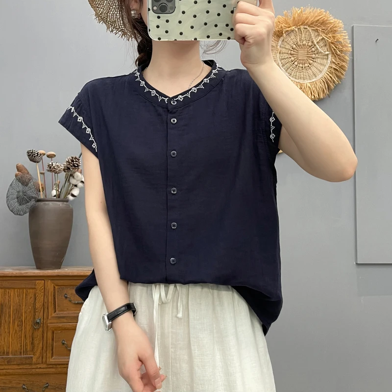 国风雅韵藏青民族风刺绣无袖衬衫女双层纱新中式小衫宽松夏季新款