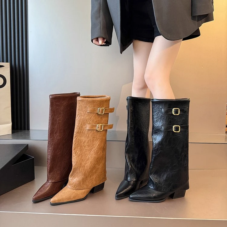 高级感皮带扣长筒靴尖头直筒靴女2025年秋季粗跟长靴裤管靴高筒靴
