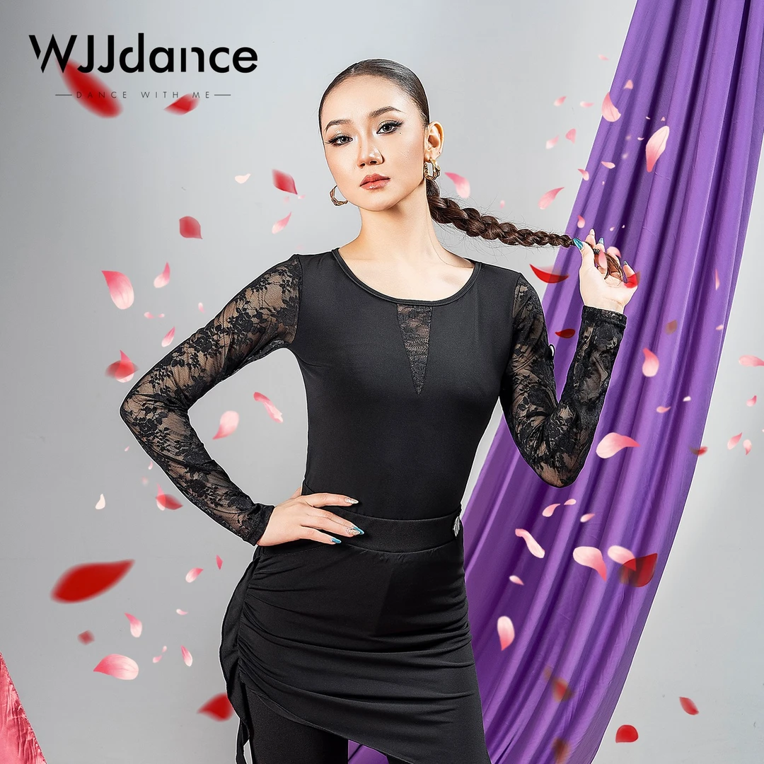 WJJdance拉丁舞上衣女2025成人新款网纱蕾丝拼接国标摩登练功服装