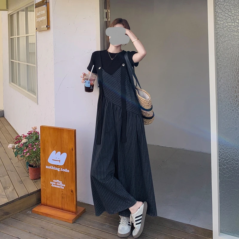 气质休闲套装女短袖显瘦2025夏季新款小众设计感条纹背带裤上衣女