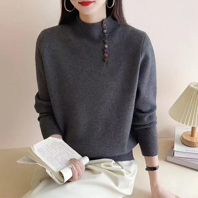 设计感彩扣半开高领毛衣女宽松洋气可外穿显瘦内搭针织打底衫上衣
