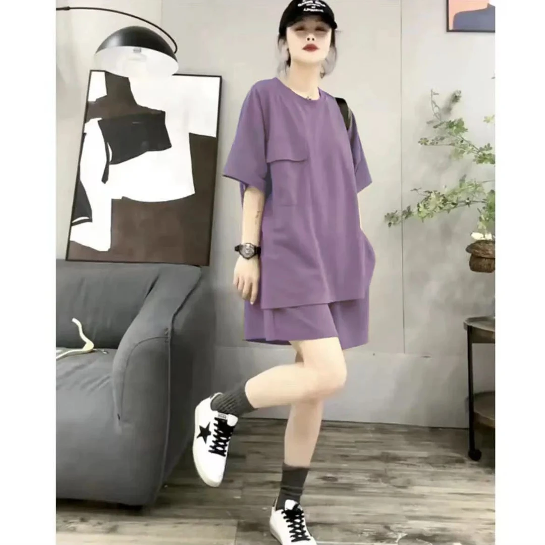 特大加肥加大码胖mm运动套装女显瘦遮肚减龄短袖短裤休闲两件套