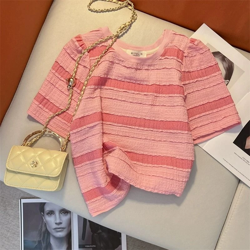 粉色条纹短袖T恤女夏多巴胺穿搭洋气减龄小个子法式甜美短款上衣