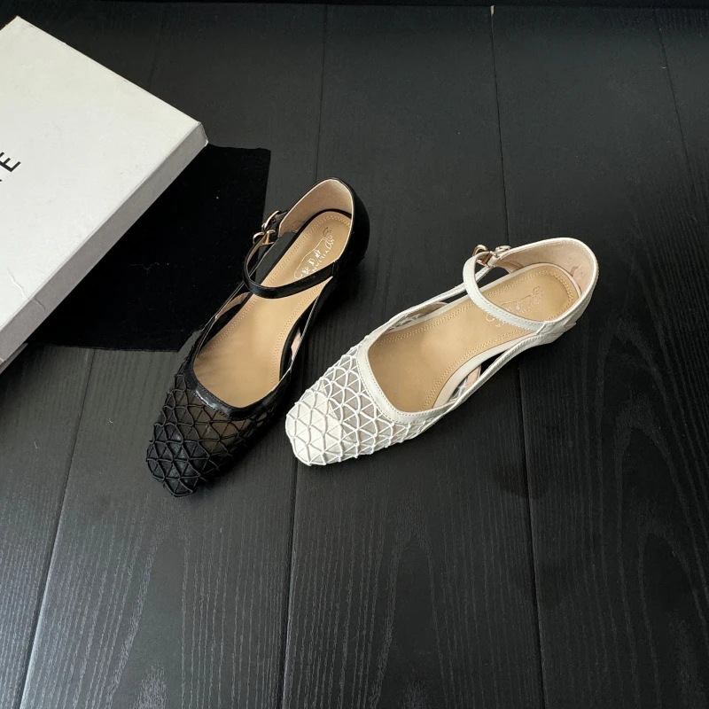 1962-20凉鞋女夏季新款包头镂空网纱鞋一字带包跟大码女鞋百搭