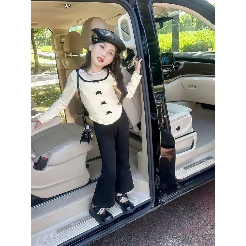 HHkids女童t恤长袖儿童春装2025新款洋气女孩打底衫时髦上衣套装