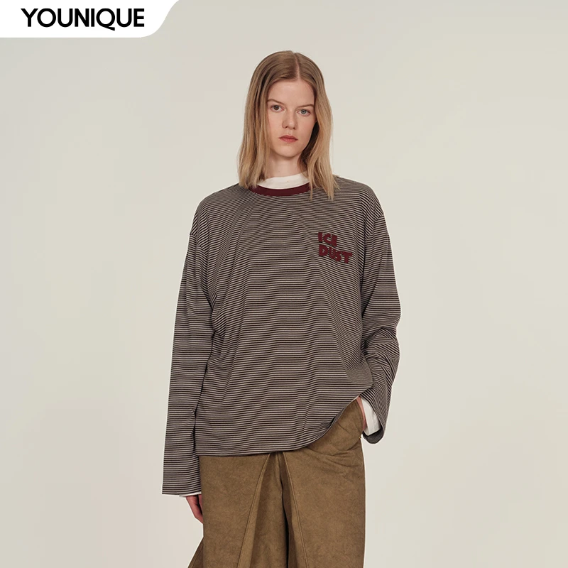 【ICE DUST】新品25早秋条纹贴布绣圆领长袖T恤女