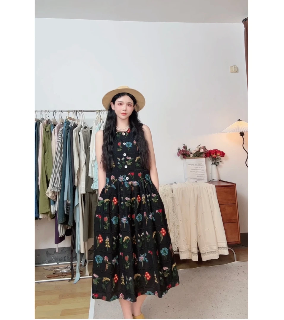 艺术生 撞色重工刺绣连衣裙