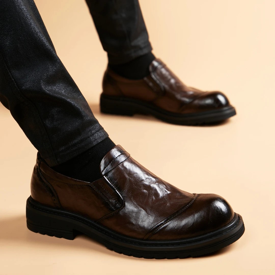 EAEOVNI皮鞋男透气英伦风休闲内增高圆头正装鞋商务青年男皮鞋