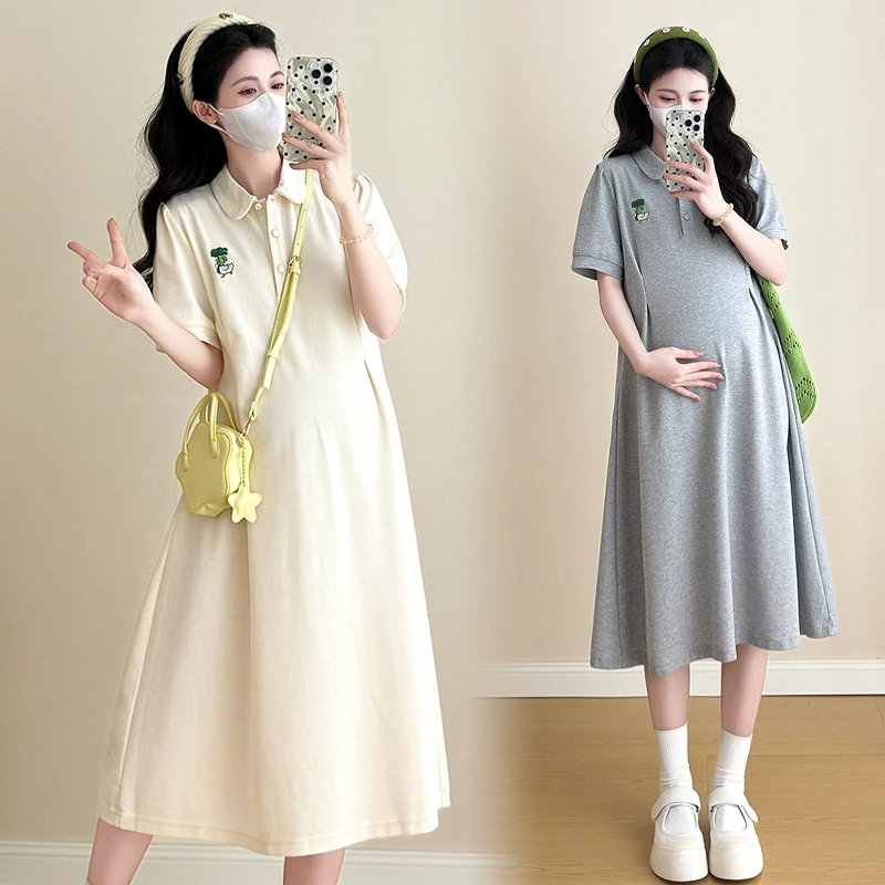 2025夏季新款孕妇装短袖连衣裙中长款休闲显瘦翻领潮妈韩版T恤裙
