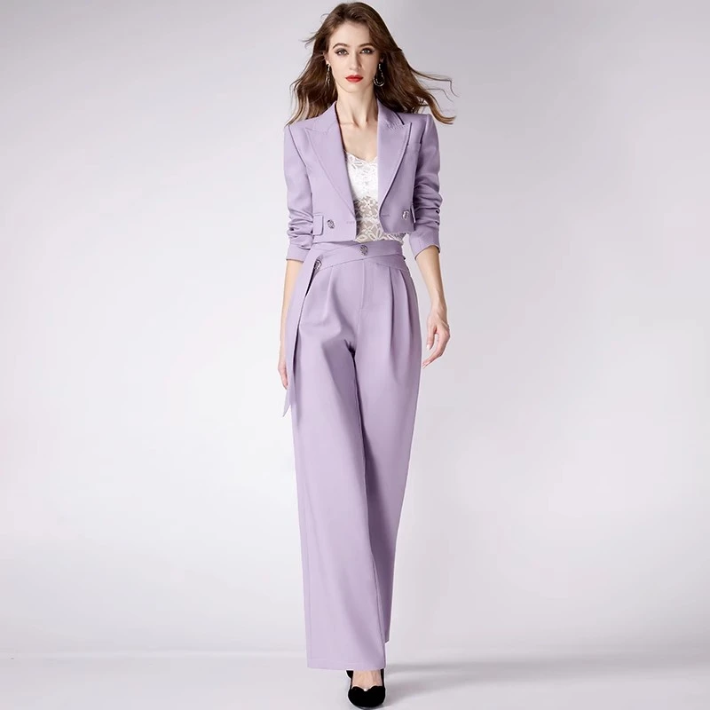 【老板娘夏天】AUI紫色职业短款西装外套套装长裤两件套-20240204