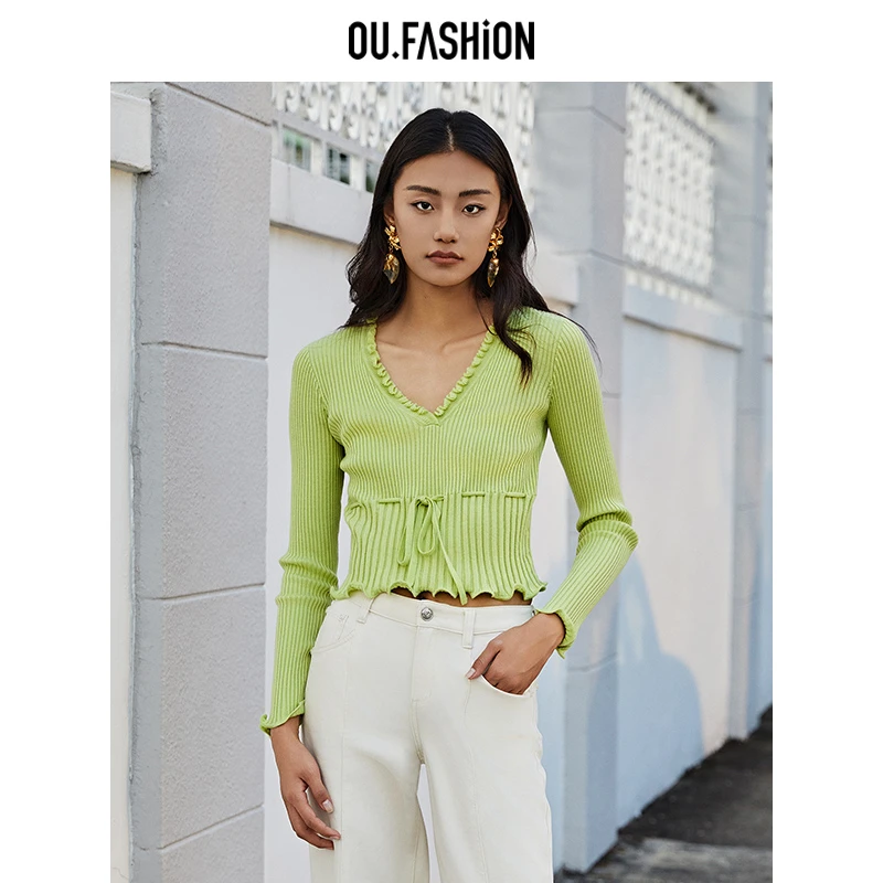 【媛媛】OU.FASHION/欧点设计感收腰毛针套头衫1042410053