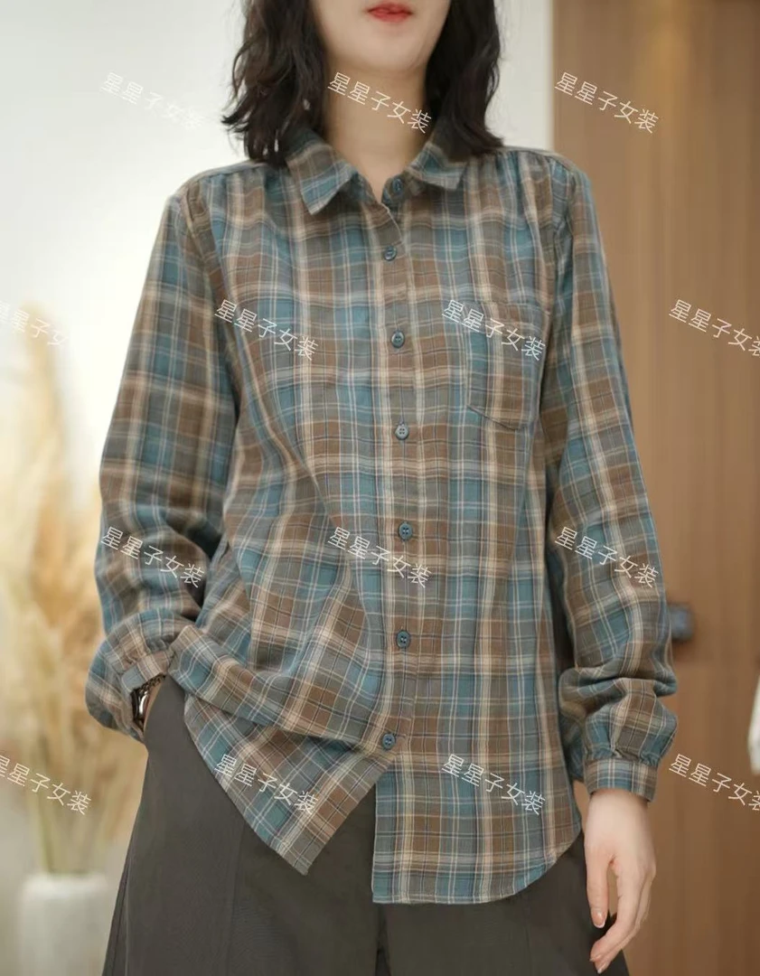 秋季格纹纯棉时尚百搭长袖女士休闲翻领衬衫上衣