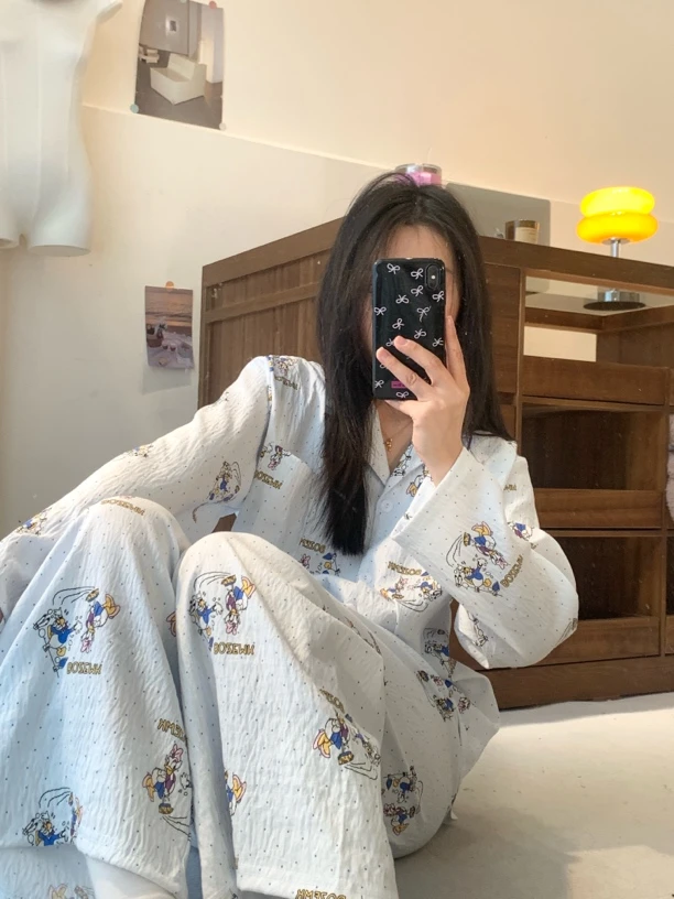 【唐老鸭】韩版ins东大门卡通印花睡衣女春秋季宽松长袖家居服套装