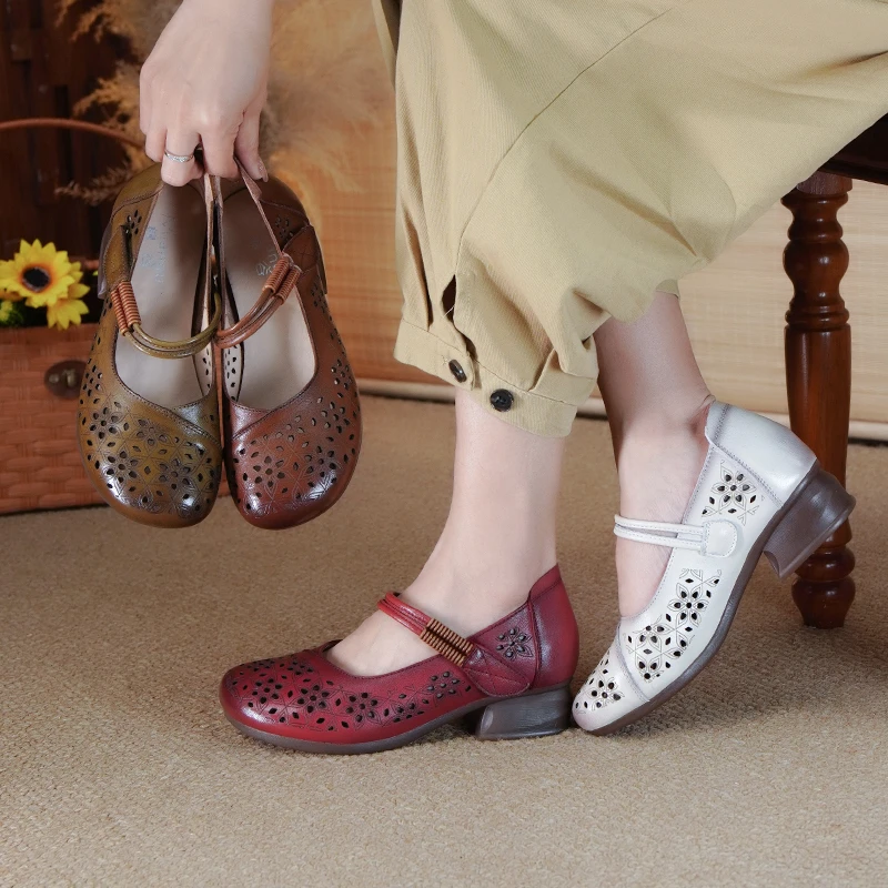 棉谷妈妈鞋新品软皮软底防滑舒适镂空洞洞鞋牛筋底夏季中跟单鞋