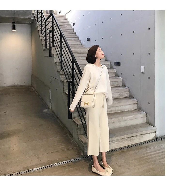 新款羊绒阔腿裤女软糯羊毛裤外穿针织八分裤宽松时尚保暖休闲裤潮