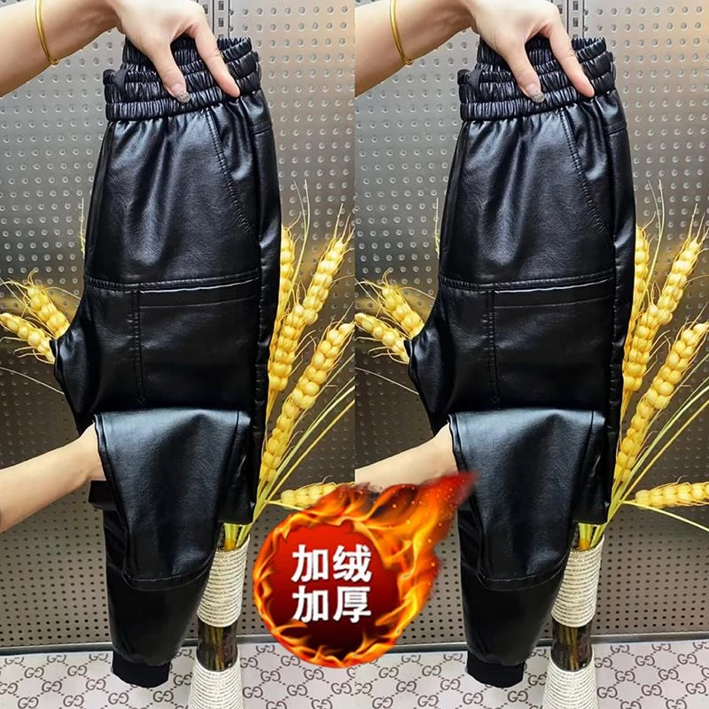 冬季加绒保暖六兜皮裤男士宽松百搭束脚裤潮流防风防水束脚休闲裤