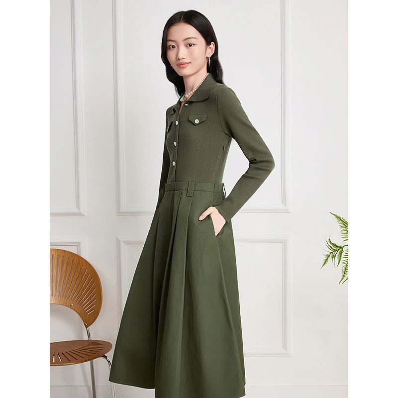Goodland美地25秋新款复古优雅气质假两件苔藓绿连衣裙LC35506707