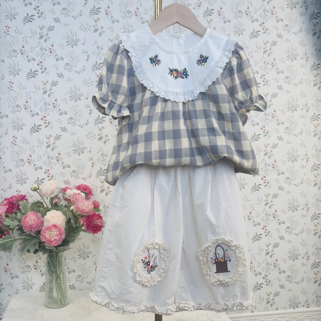 {花屿姑娘}25年设计师新款女童格子女中大童森法系刺绣甜美系套装