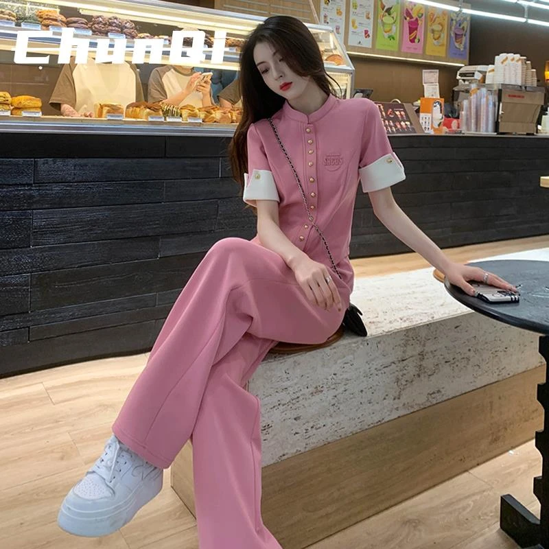 淳启粉色鱼骨休闲时尚运动套装女夏季减龄洋气短袖阔腿裤两件套潮