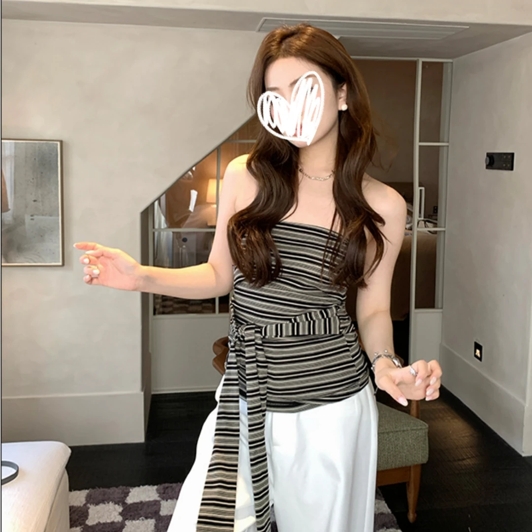 艺等YIDENG 【美背狙击】条纹抹胸上衣女新款夏季系带外穿无袖背心