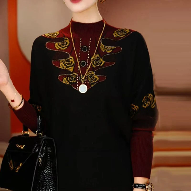 春秋厚款保暖女针织长袖百搭毛针织衫提花时尚简约休闲减龄上衣