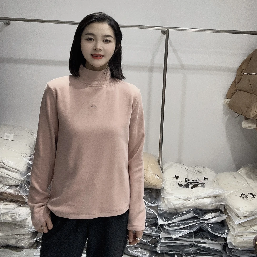 LMM 2281 加厚双面德绒加厚打底衫炒软糯小刺绣半高领长袖T恤