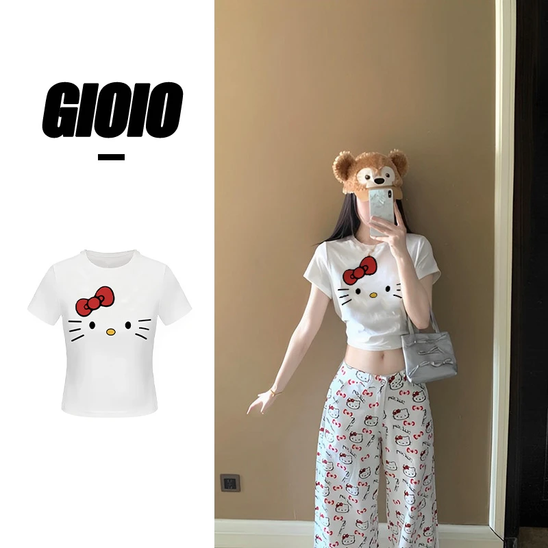 GIOIO辣妹韩系ins风KT印花正肩短袖修身显瘦白色短袖t恤百搭夏季