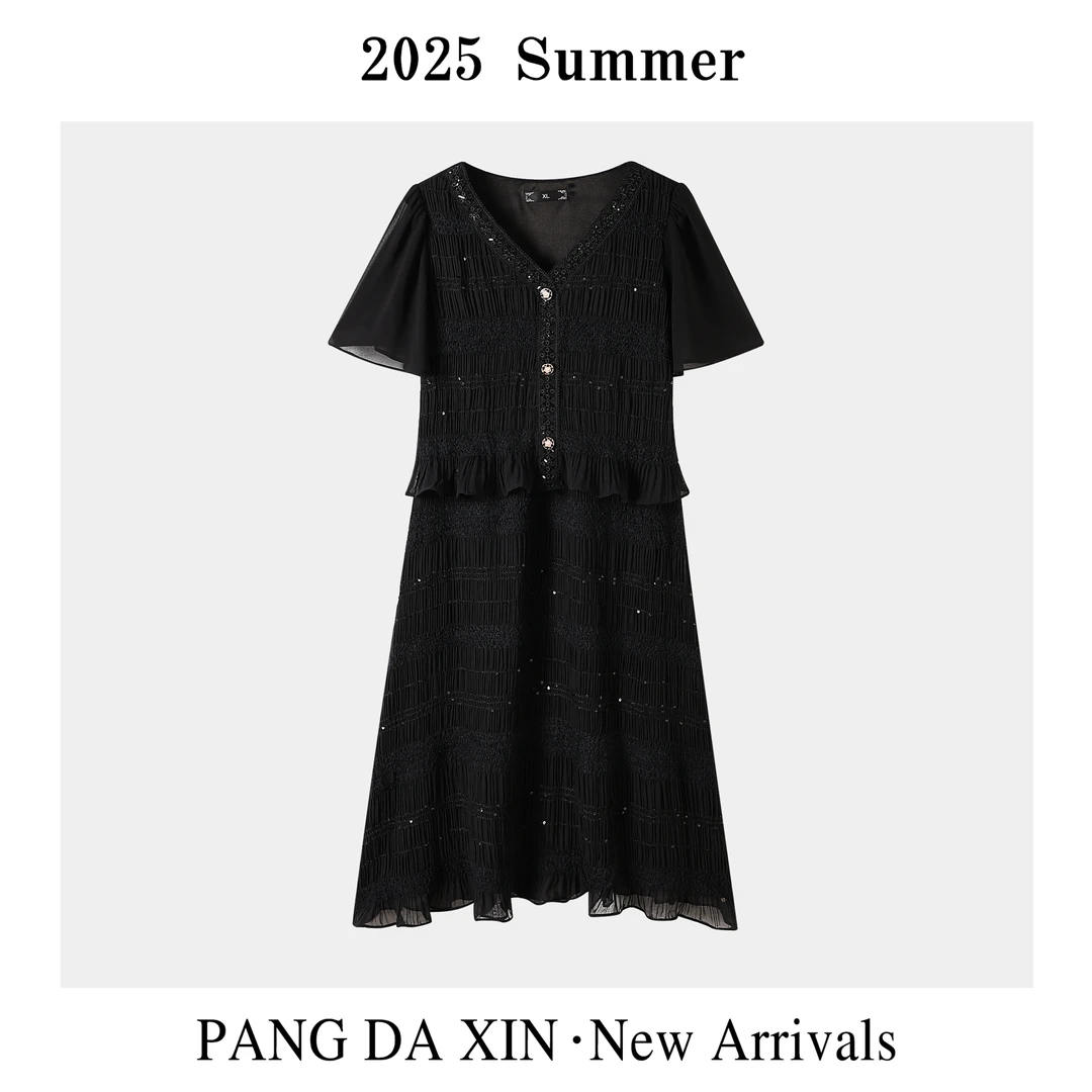 【胖大心】夏季2025减龄短袖假两件裙大码连衣裙V领连衣裙26878982