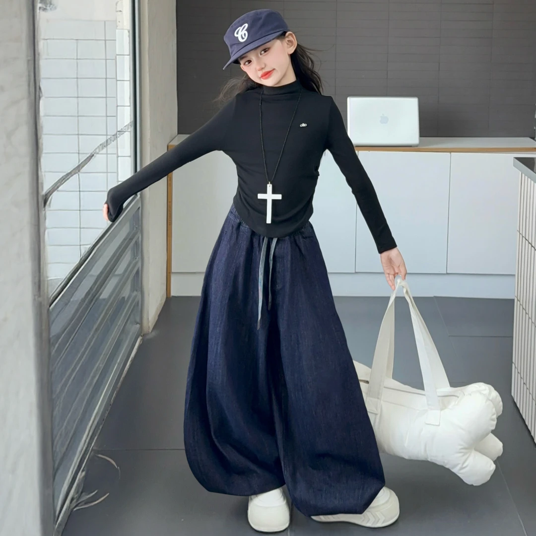 女童潮酷穿搭套装秋装2025新款女大童长袖t恤洋气时髦牛仔阔腿裤