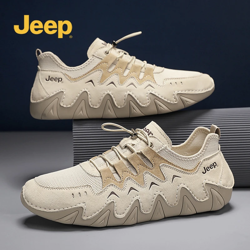 Jeep男士真皮运动登山鞋2025春季新款网面透气厚底耐磨户外徒步鞋