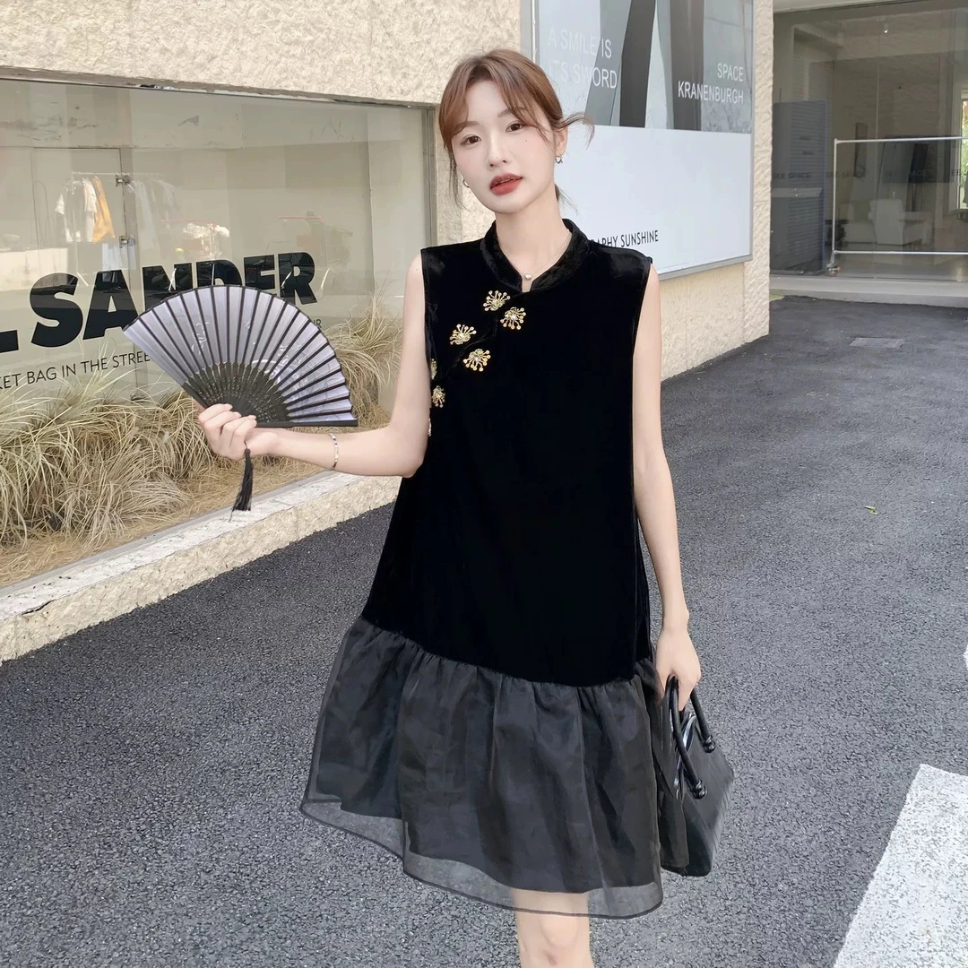 复古盘扣串珠丝绒拼接网纱中长款坎袖新中式国风连衣裙