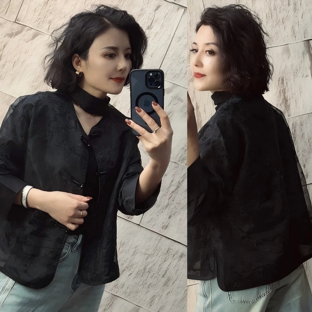 【贾小姐高定】高端时尚中式ins黑色百搭气质长袖外套短款8889